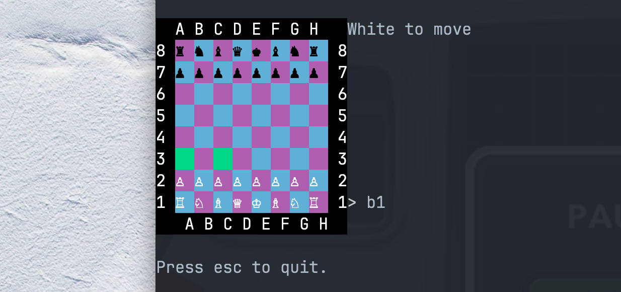 chess board inside terminal with B1 as player input and the potential moves for the knight at the position highlighted, proving the new feature works