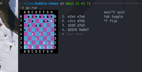 Bubble chess with new three column layout showing random moves with Queen's gambit going horribly